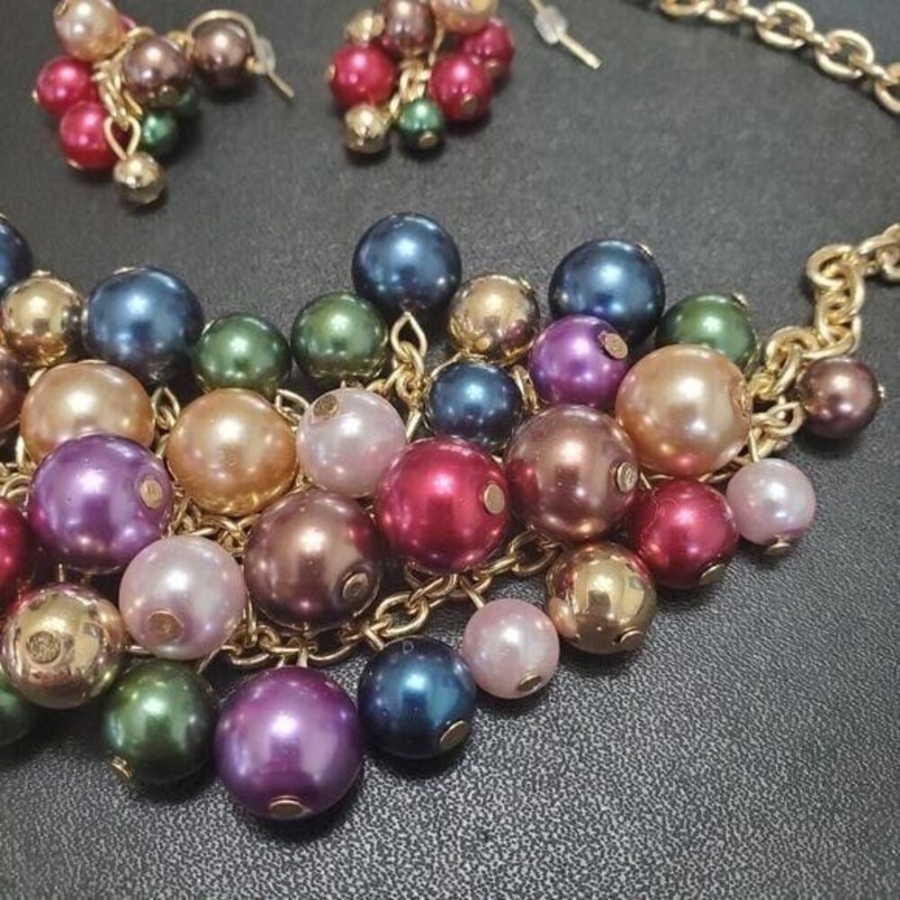 Gold tone matching beaded necklace and earring set colorful